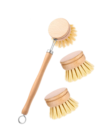 Wooden and Sisal Dish Brush with 2 Pieces Replacement Brush Heads