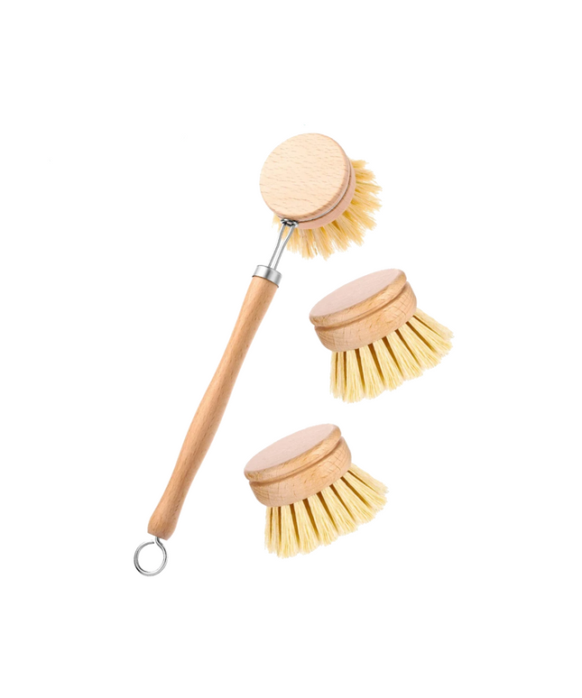 Wooden and Sisal Dish Brush with 2 Pieces Replacement Brush Heads