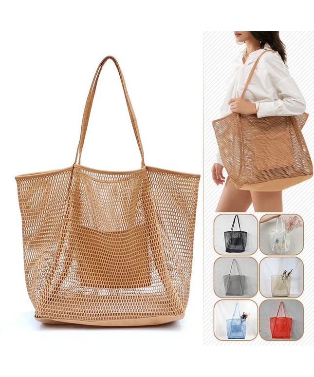 Spring Summer Solid Color Hollow Mesh Tote Bag Large Capacity Travel
