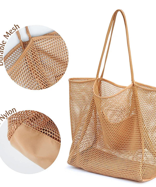 Spring Summer Solid Color Hollow Mesh Tote Bag Large Capacity Travel