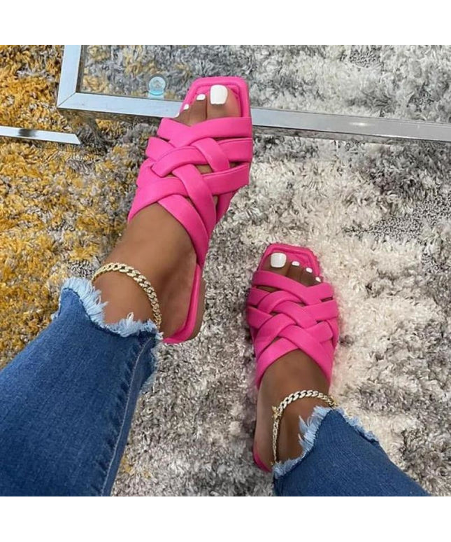 Casual Outdoor Women Slippers Leather Flat Beach Slides Summer