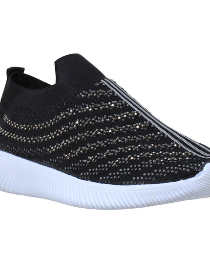 SOBEYO Women's Sneakers Running Shoes Rhinestone Strips Accent Black