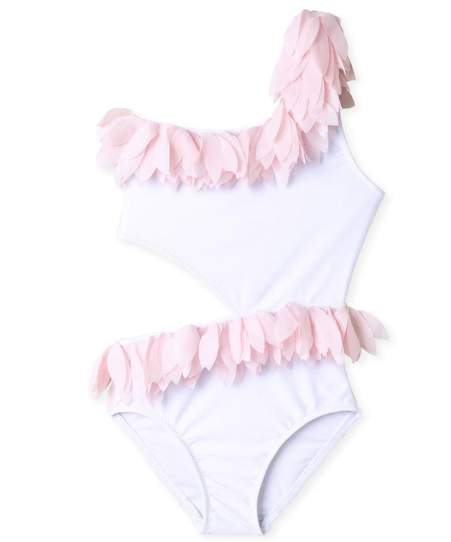 White Side Cut Swimsuit with Pink Petals