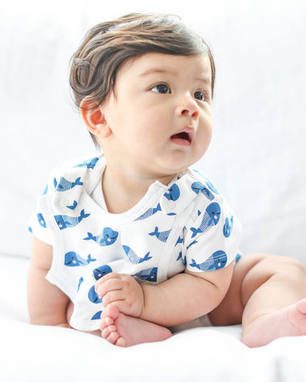 Smart Short Sleeve Baby Bodysuit + Bib - Blue Whale