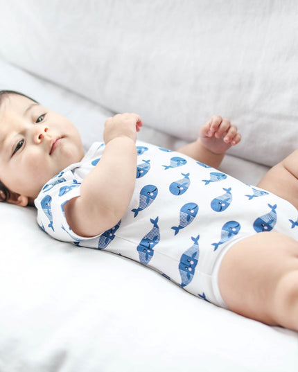 Smart Short Sleeve Baby Bodysuit + Bib - Blue Whale