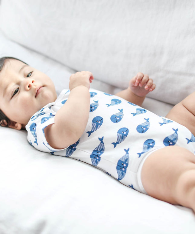 Smart Short Sleeve Baby Bodysuit + Bib - Blue Whale