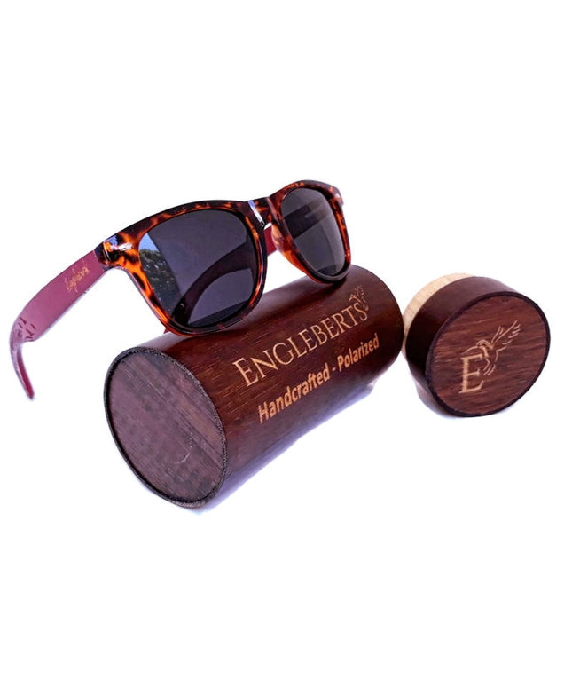 Red Bamboo Tortoise Framed Sunglasses With Wood Case, Artisan Engraved