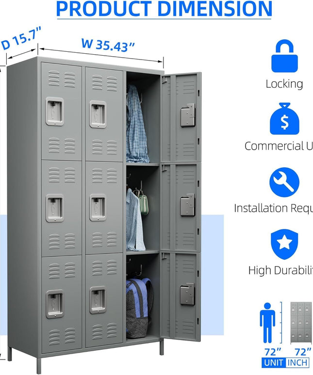 SUPEER Metal Locker Cabinet With 9 Compartments, Metal Wardrobe With