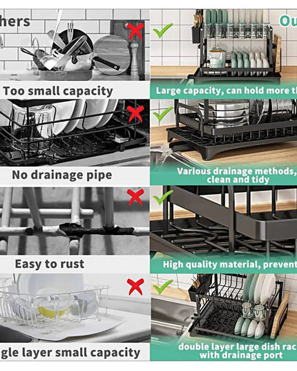 Dish Rack, 2 Tier Utensil Holder, Rustproof Dish Drying Rack With