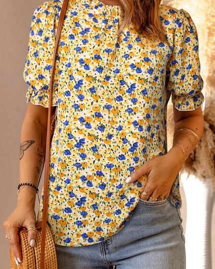 Yellow Boho Floral Ruffle Short Sleeve Frill Mock Neck Blouse