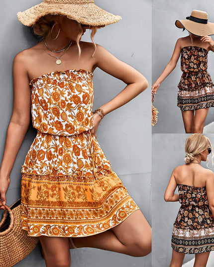 Women's Bohemian Floral Print Strapless Dress Summer Beach Dress