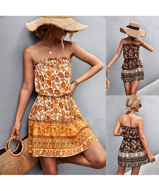 Women's Bohemian Floral Print Strapless Dress Summer Beach Dress