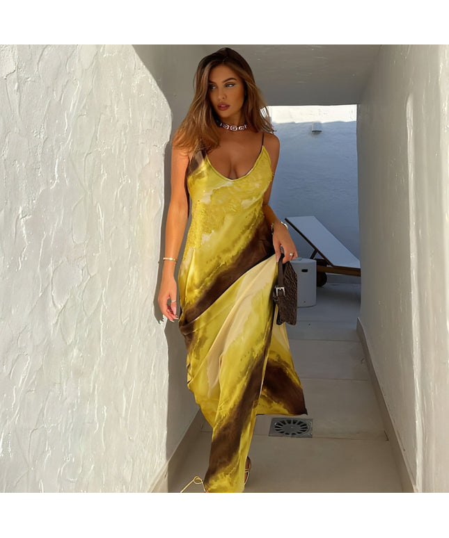 Women's Fashion Printed V-neck Backless Slit Sling Dress