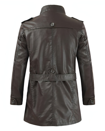 Men's Mid-length Fleece-lined Casual Stand Collar Leather Wind Coat