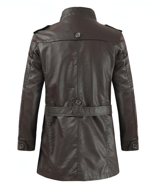 Men's Mid-length Fleece-lined Casual Stand Collar Leather Wind Coat