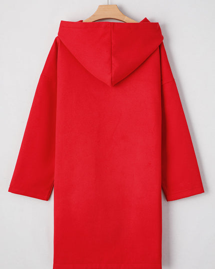 Fiery Red Solid Color Casual Zip up Hooded Coat