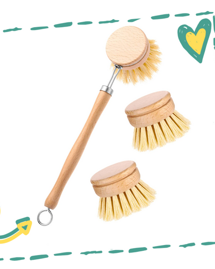 Wooden and Sisal Dish Brush with 2 Pieces Replacement Brush Heads