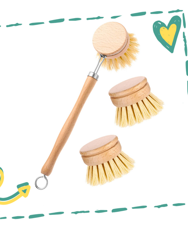 Wooden and Sisal Dish Brush with 2 Pieces Replacement Brush Heads