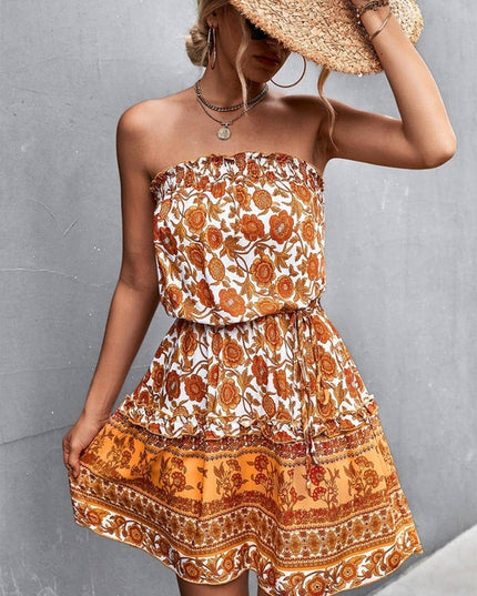 Women's Bohemian Floral Print Strapless Dress Summer Beach Dress