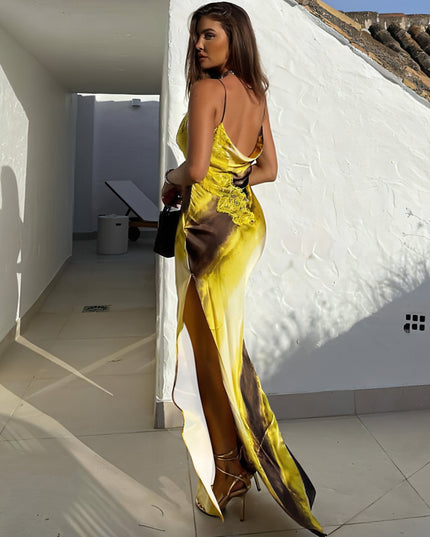 Women's Fashion Printed V-neck Backless Slit Sling Dress