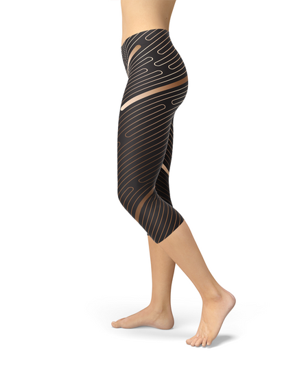 Womens Striped Lines Sports Brown Capri Leggings