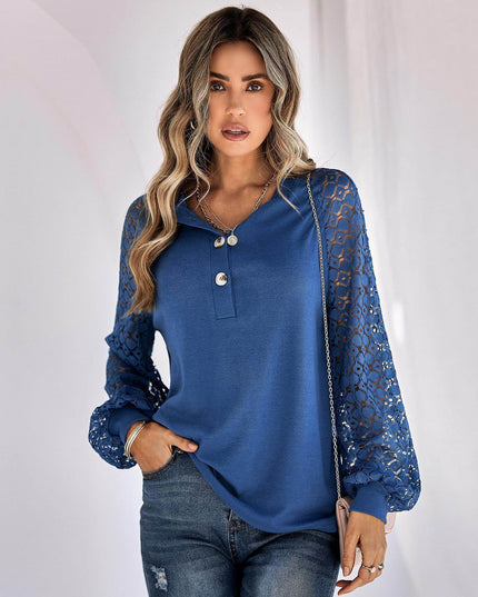 Casual Lace Button Top Women T-Shirt