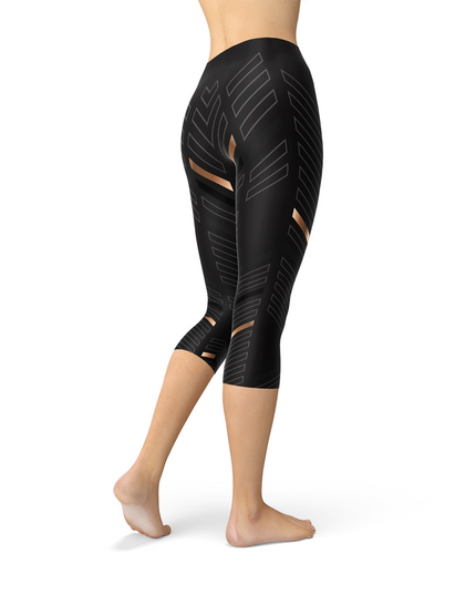 Womens Sports Stripes Black Capri Leggings