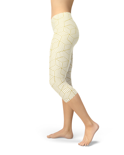 Womens White Capri Leggings w/ Geometric Cubes