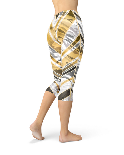 White Marble w/ Black Gold Lines Capri Leggings