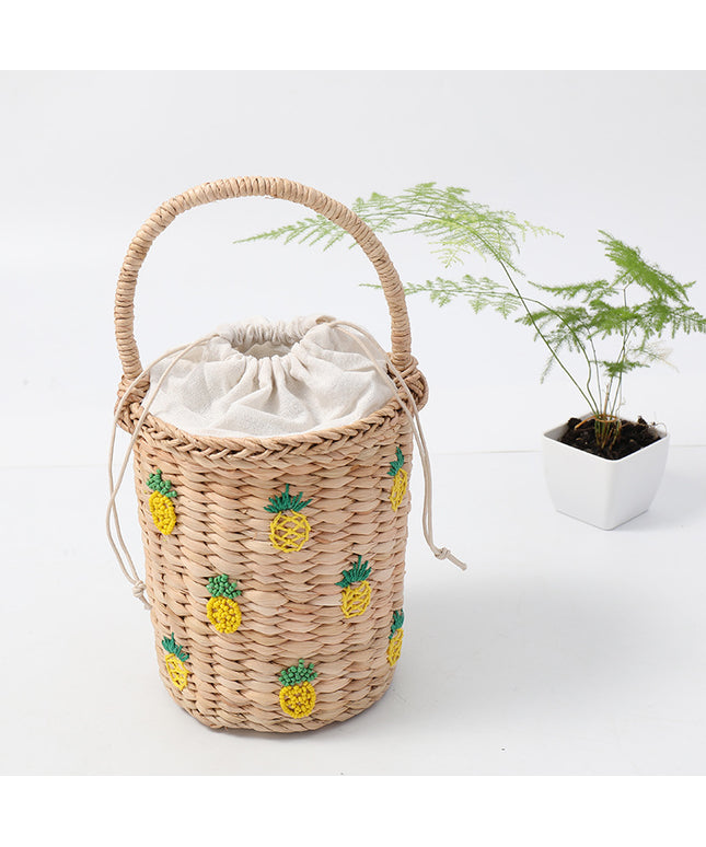 Pineapple Embellished Wicker Straw Basket Handbag