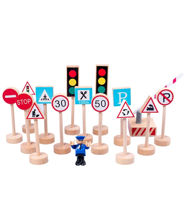 Wooden Road Traffic Signs 15 pcs Wood Pretend Toys for Kids Children