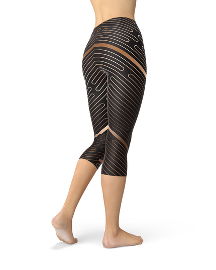 Womens Striped Lines Sports Brown Capri Leggings