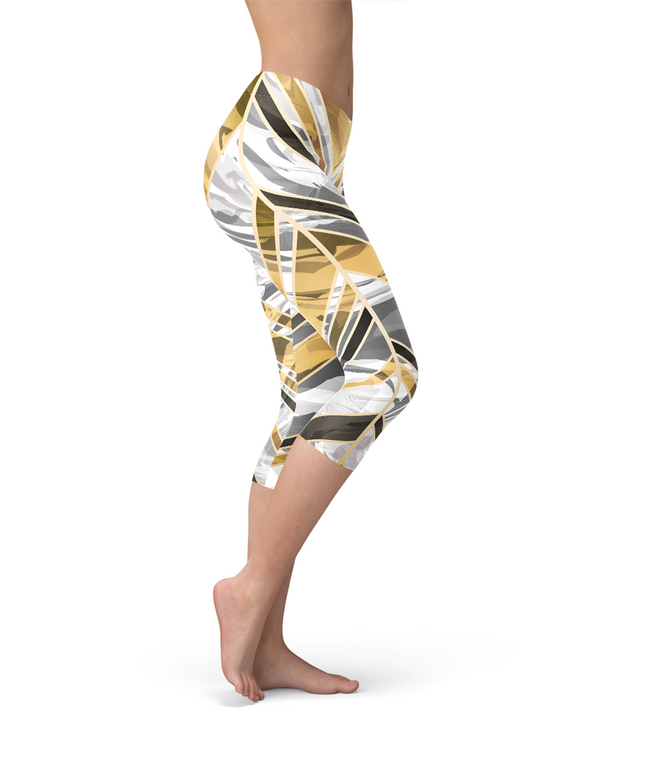 White Marble w/ Black Gold Lines Capri Leggings