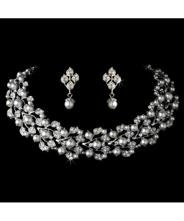 Bridal Wedding Crystal Pearl Fashion Necklace Earrings Jewelry Set