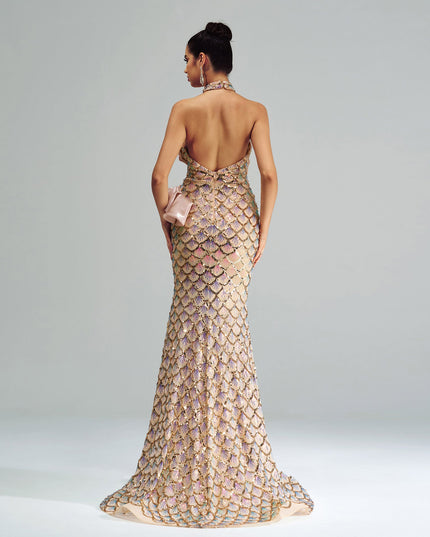 “Champagne Glam” Halter Mermaid Dress – Luxury for Elite Occasions