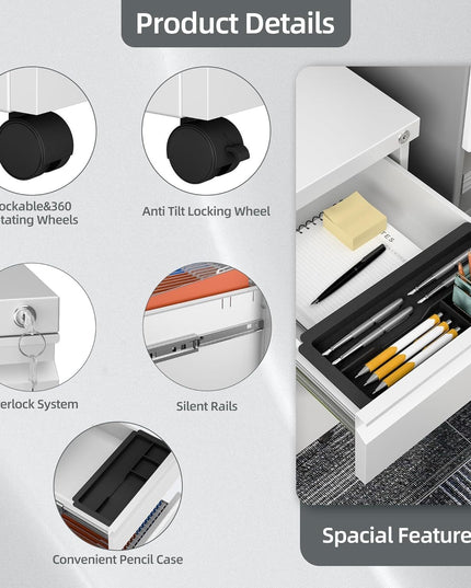 3 Drawer Mobile File Cabinet With Lock, Under Desk Metal Filing