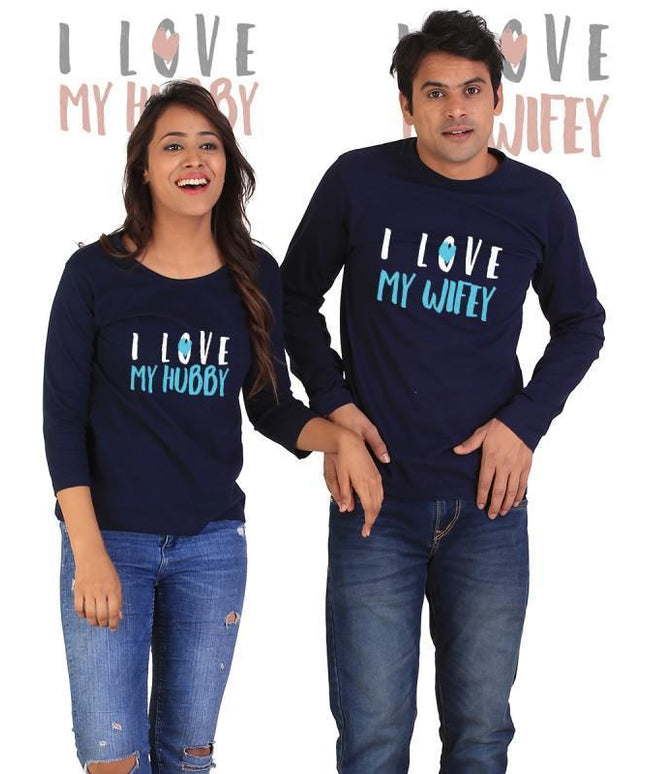 Love My Hubby, Love My Wifey Couple Full Sleeves Navy