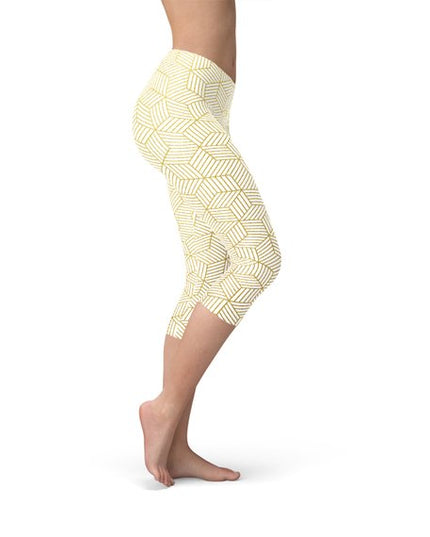 Womens White Capri Leggings w/ Geometric Cubes
