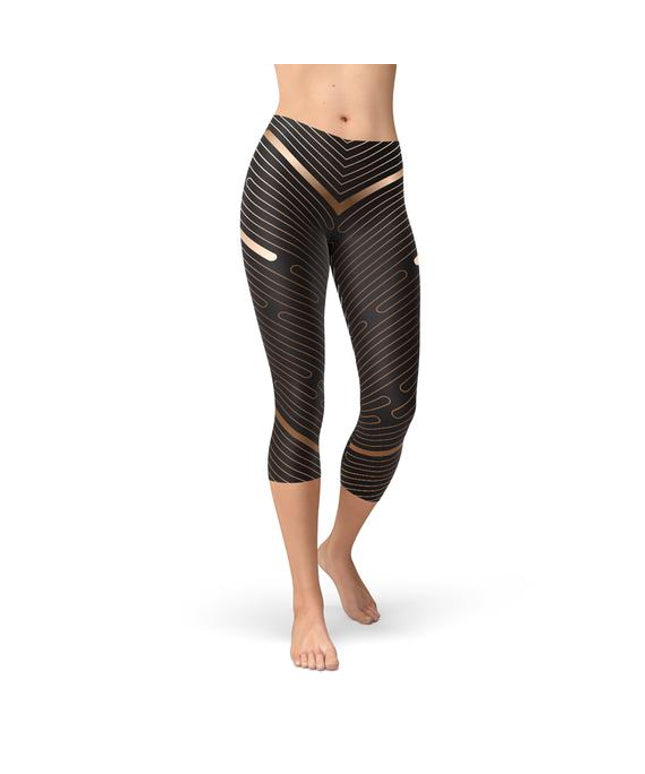 Womens Striped Lines Sports Brown Capri Leggings