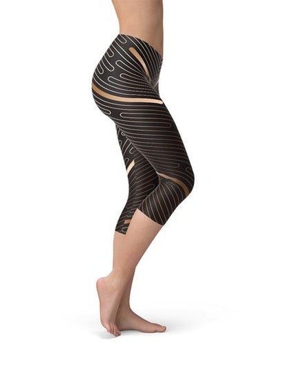 Womens Striped Lines Sports Brown Capri Leggings