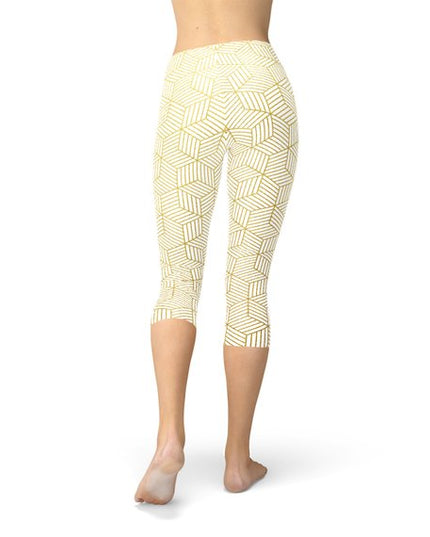 Womens White Capri Leggings w/ Geometric Cubes