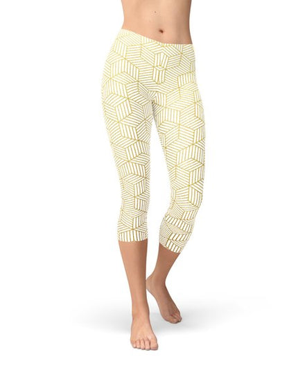 Womens White Capri Leggings w/ Geometric Cubes