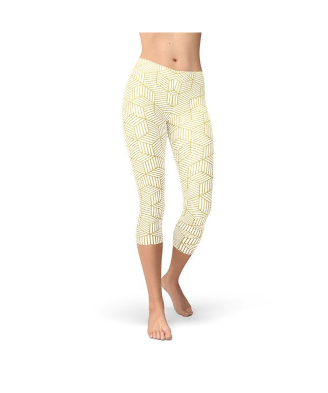Womens White Capri Leggings w/ Geometric Cubes