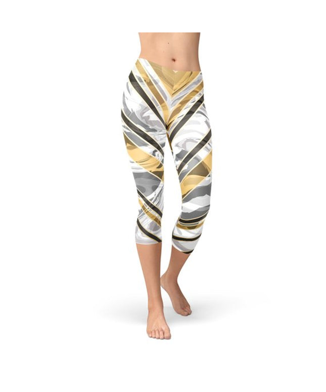 White Marble w/ Black Gold Lines Capri Leggings