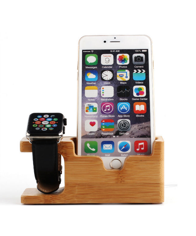 2 in 1 Bamboo Wood Charging Station Stand 3 USB for iPhone &
