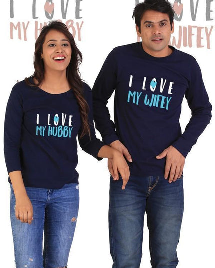Love My Hubby, Love My Wifey Couple Full Sleeves Navy