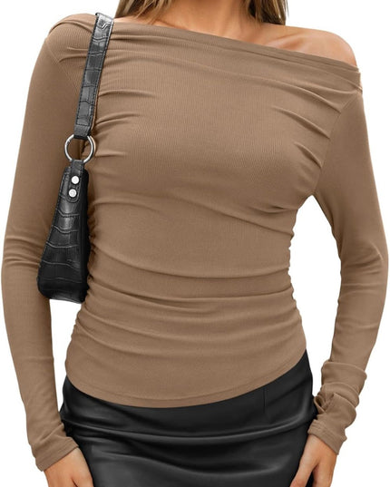 Women's Long Sleeve Off Shoulder Tops Sexy Going Out Slim Fit Knit Asy