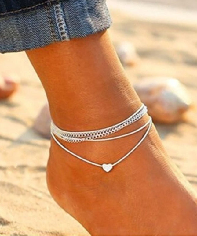 Bohemian Silver Heart Multi Chain Anklet Ankle Bracelet
