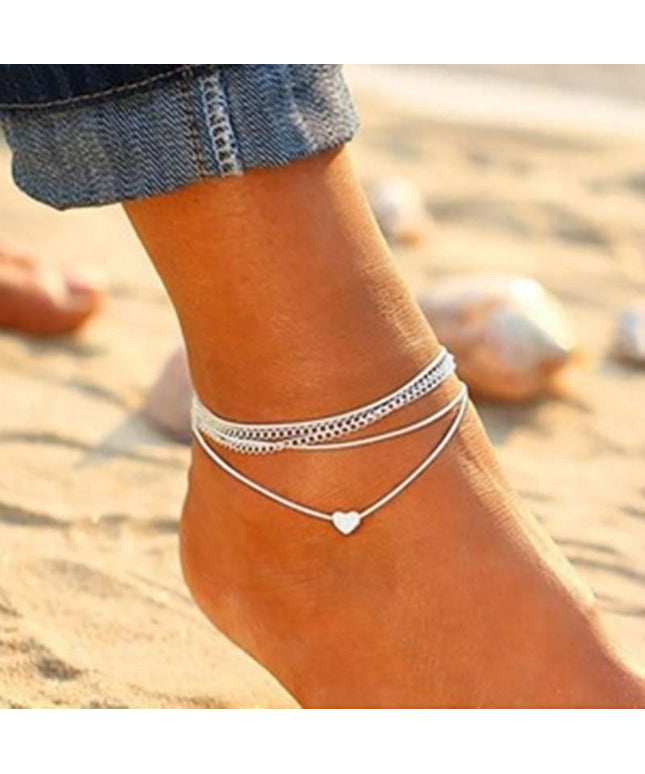 Bohemian Silver Heart Multi Chain Anklet Ankle Bracelet