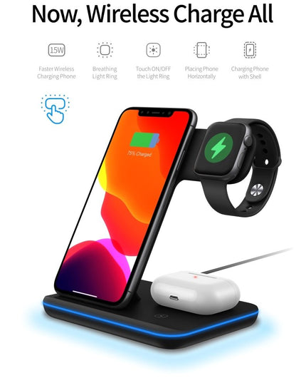 Ninja 15W 3 in 1 Fast Wireless Charging Station for Mobile Phones